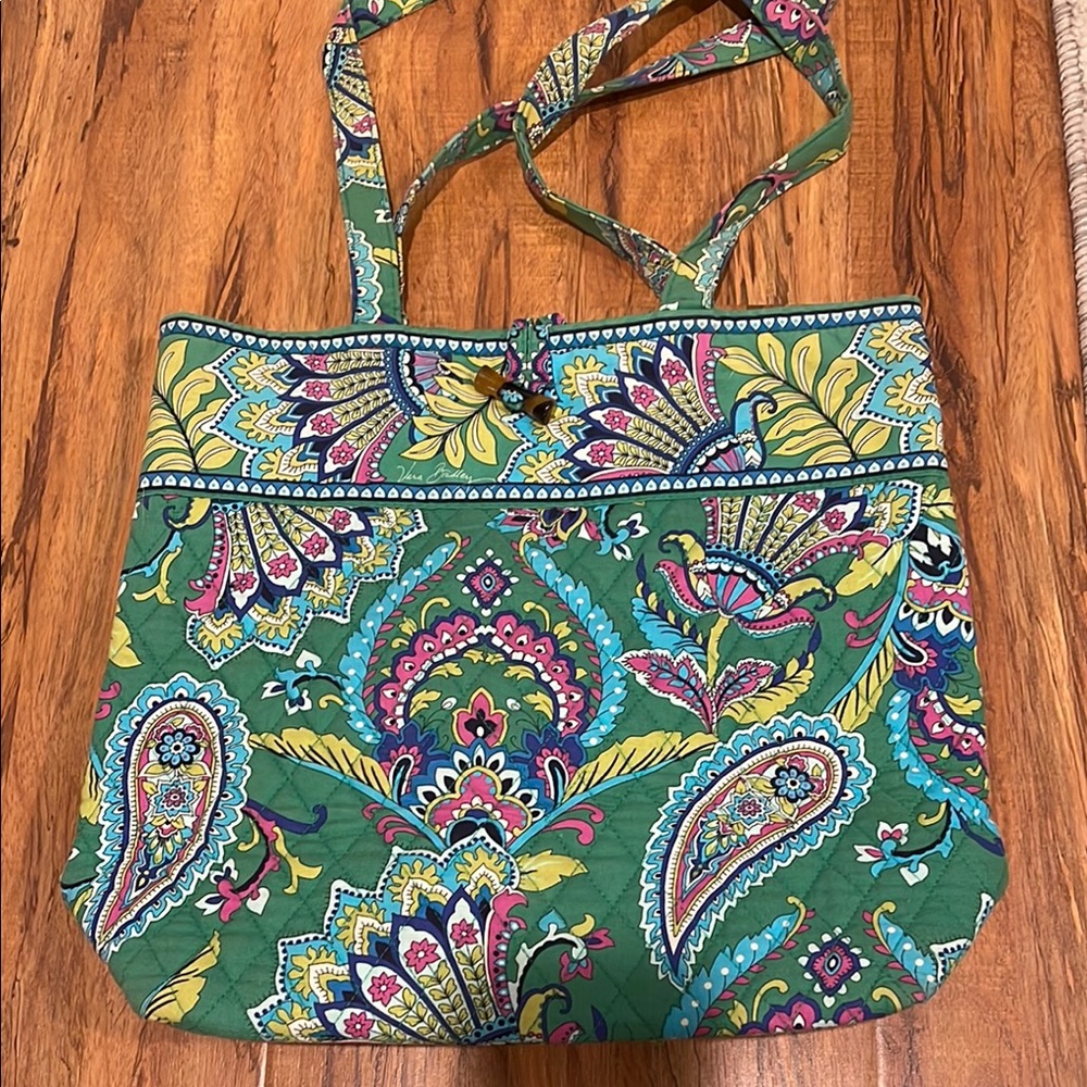 Vera Bradley Green Paisley Cotton Tote Bag with Pink & Yellow Accents